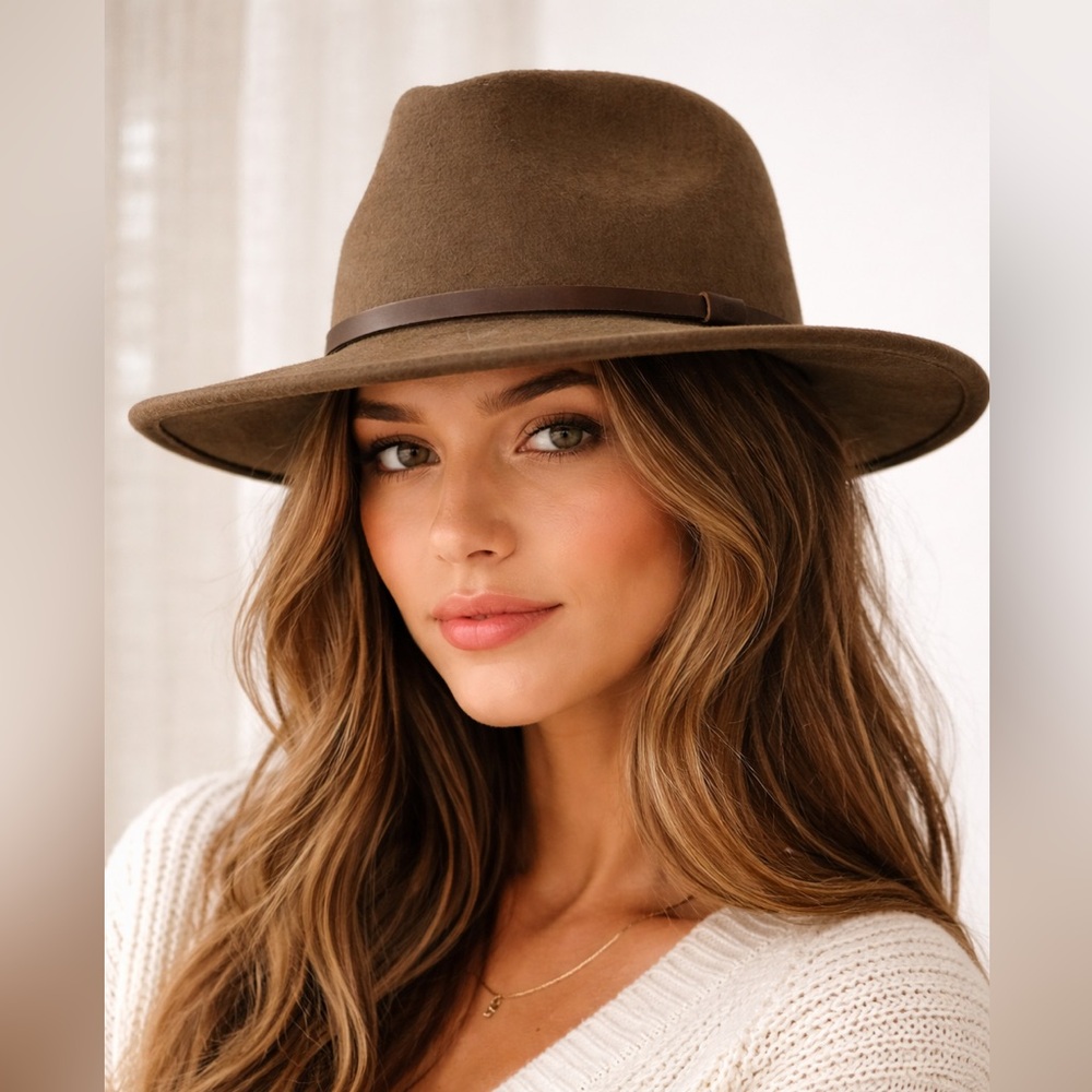 Womens Brown Fedora Hat with Leather Band